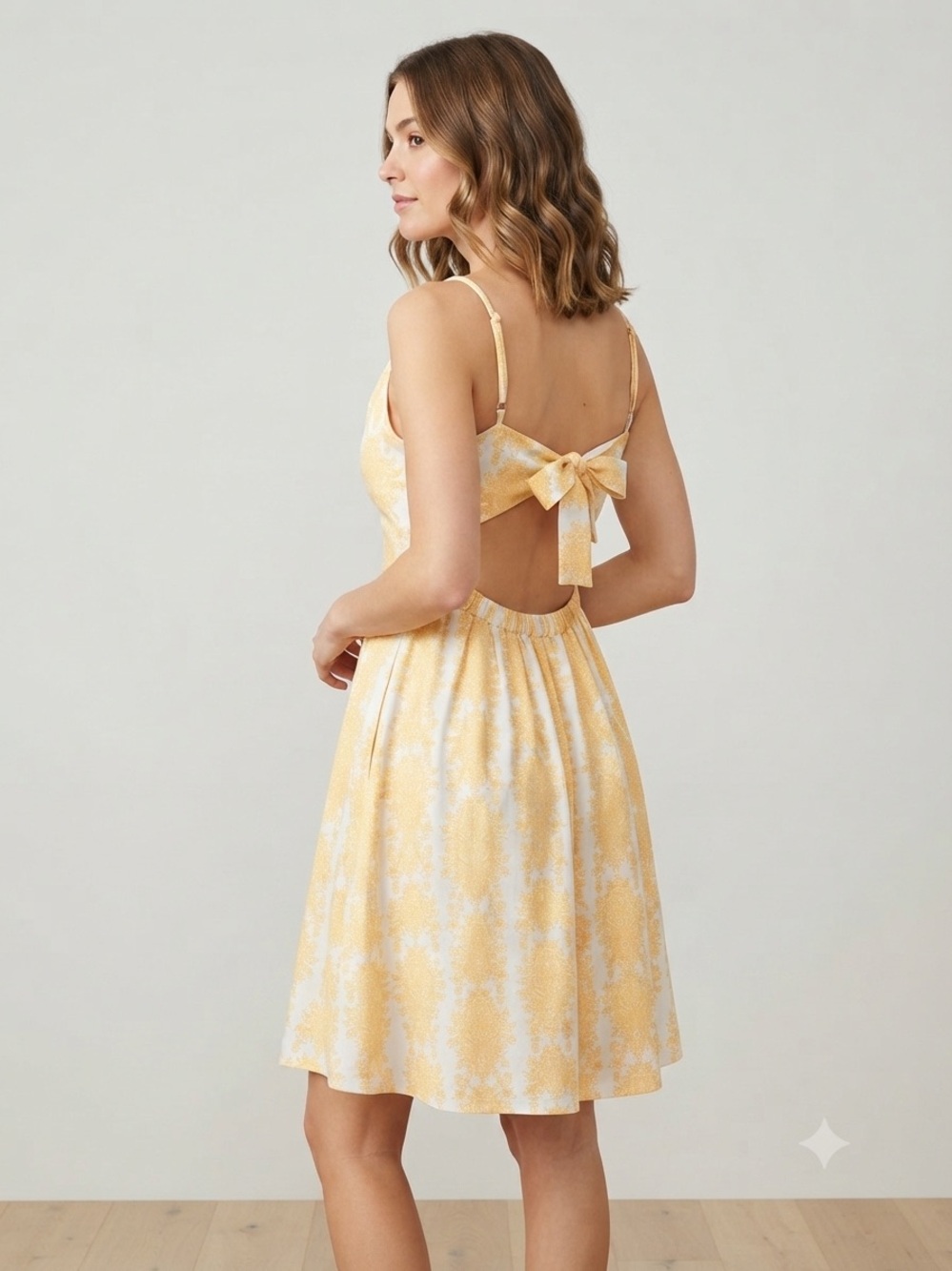 NWOT Yellow & White Damask Print Sundress, Fit & Flare, Open Back Tie Size M